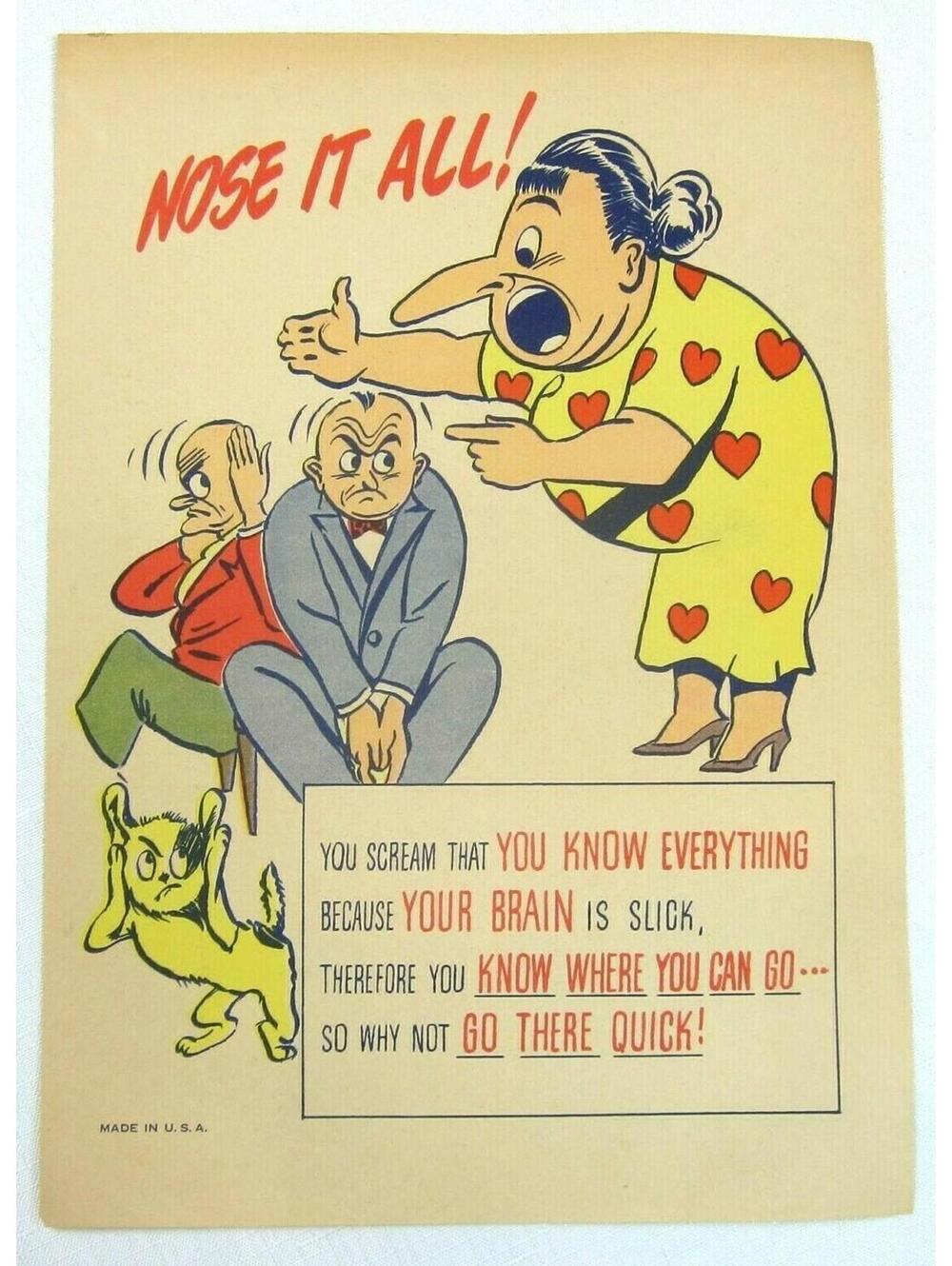Vintage Vinegar Valentine NOSE IT ALL Penny Dreadful Sarcasm Insult Ephemera